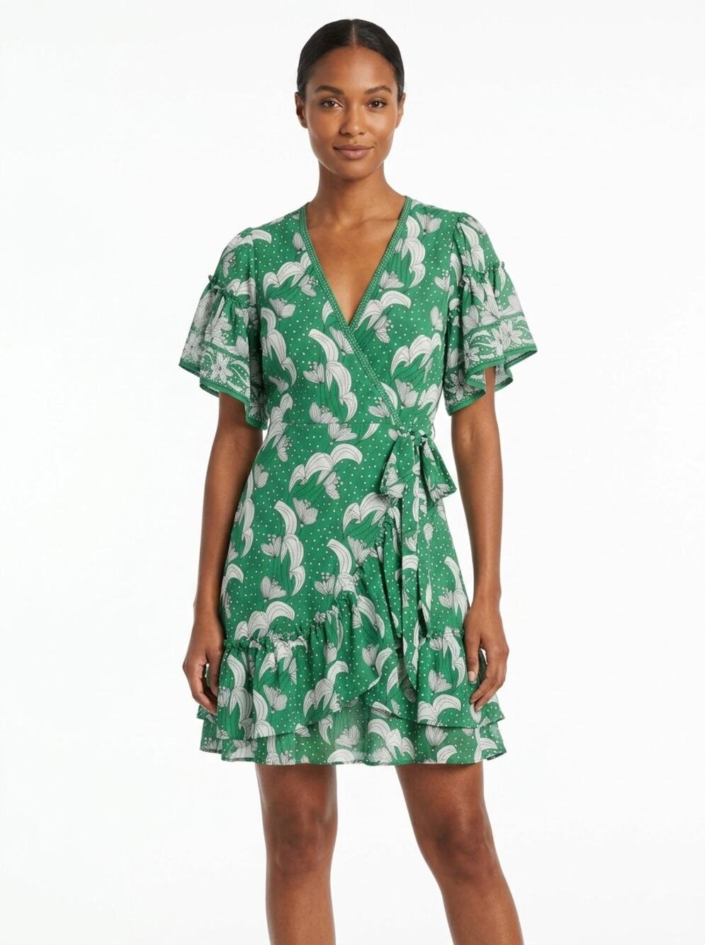 Max Studio Green White Floral Ruffle Wrap Dress Women Size XS